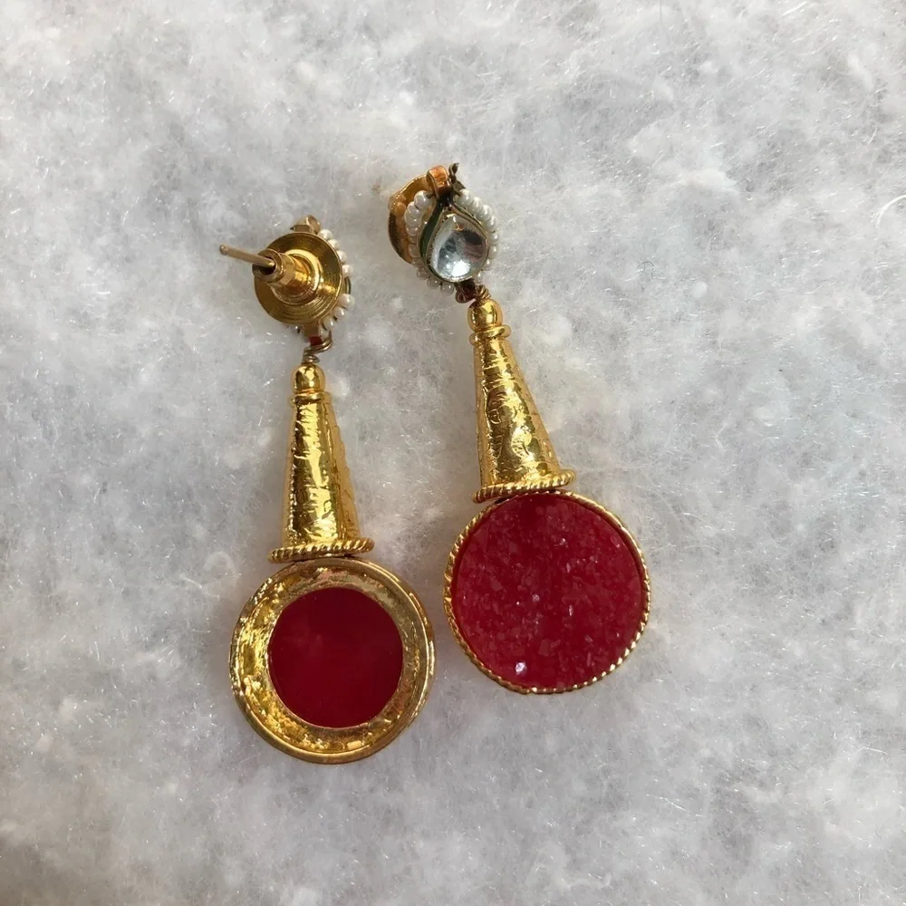 Red Stone gold tone Statement earrings